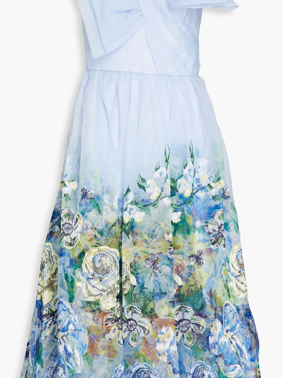 strapless bow-detailed floral-print organza midi dress