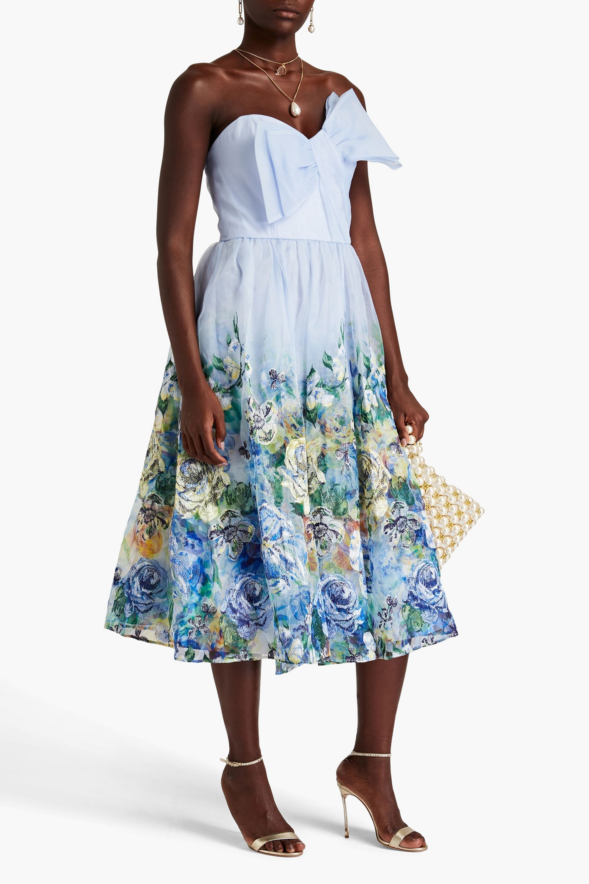 MARCHESA NOTTE Strapless bow-detailed floral-print organza midi dress