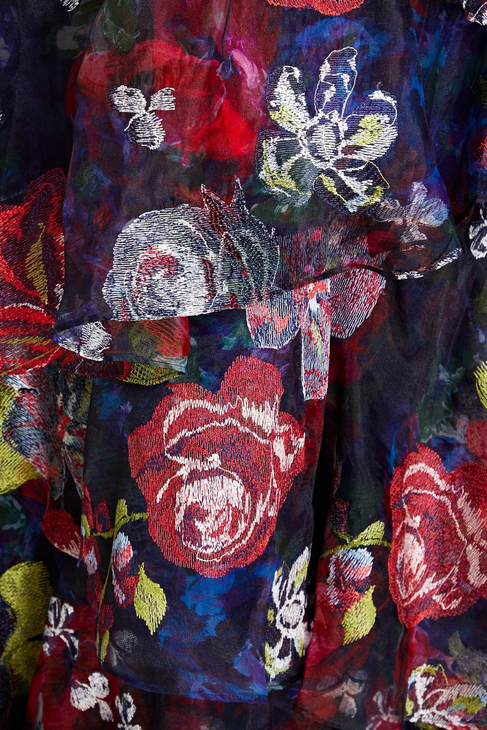 Marchesa Notte Gestufte Robe Aus Organza Mit Floralem Print Und Stickereien In Navy