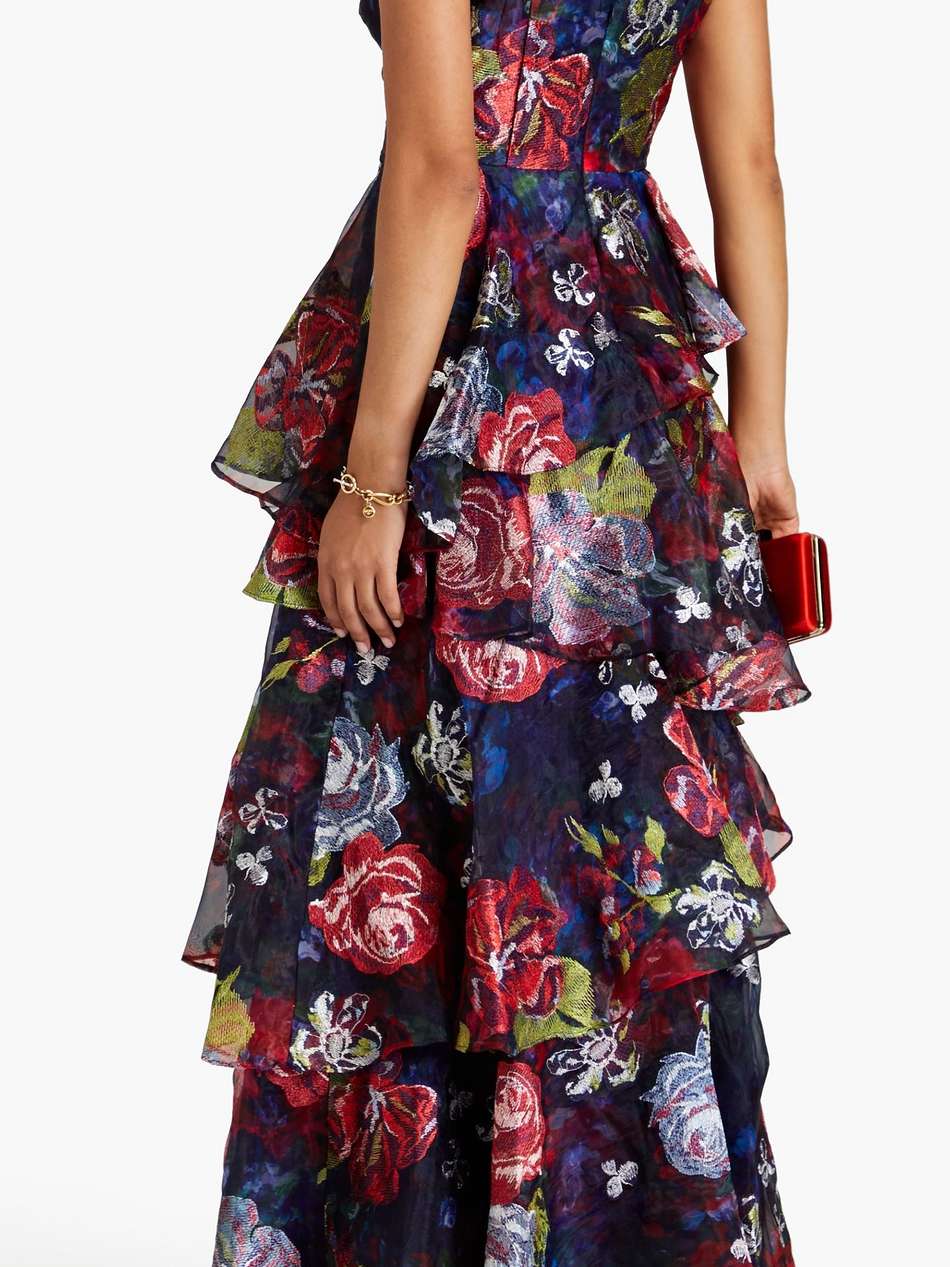 tiered embroidered floral-print organza gown