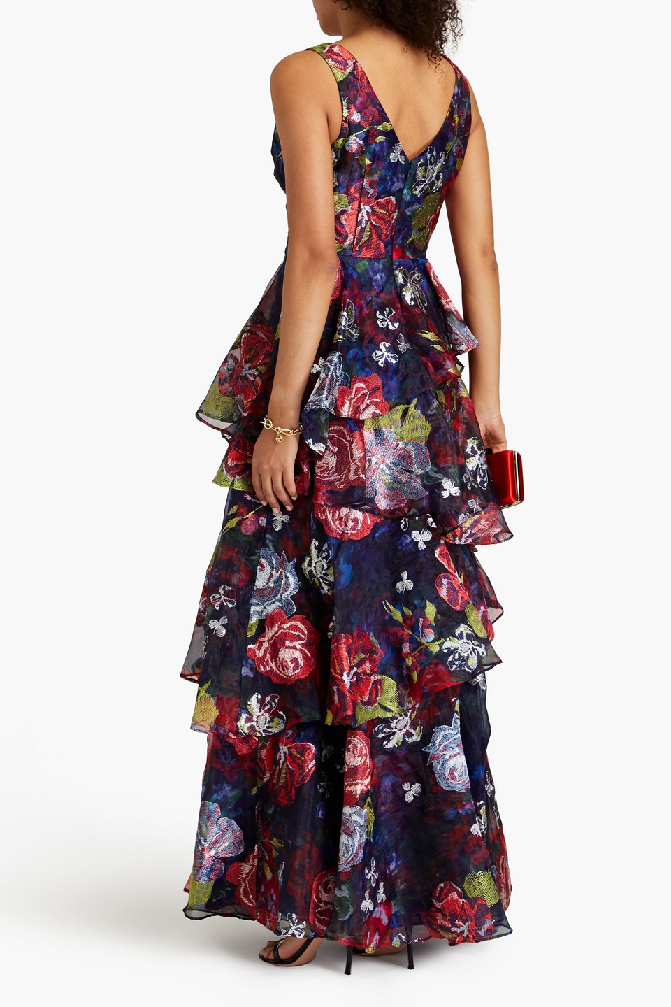 Shop Marchesa Notte Tiered Embroidered Floral-print Organza Gown In Navy