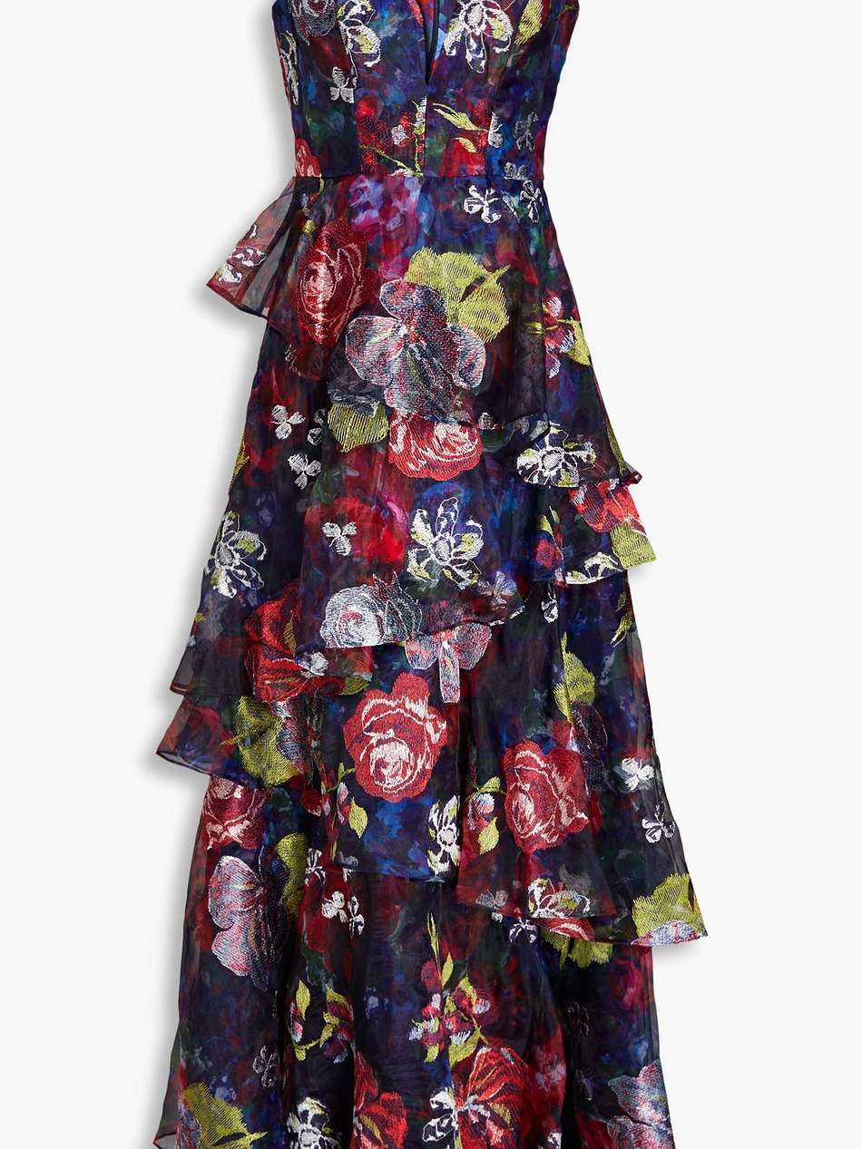 tiered embroidered floral-print organza gown