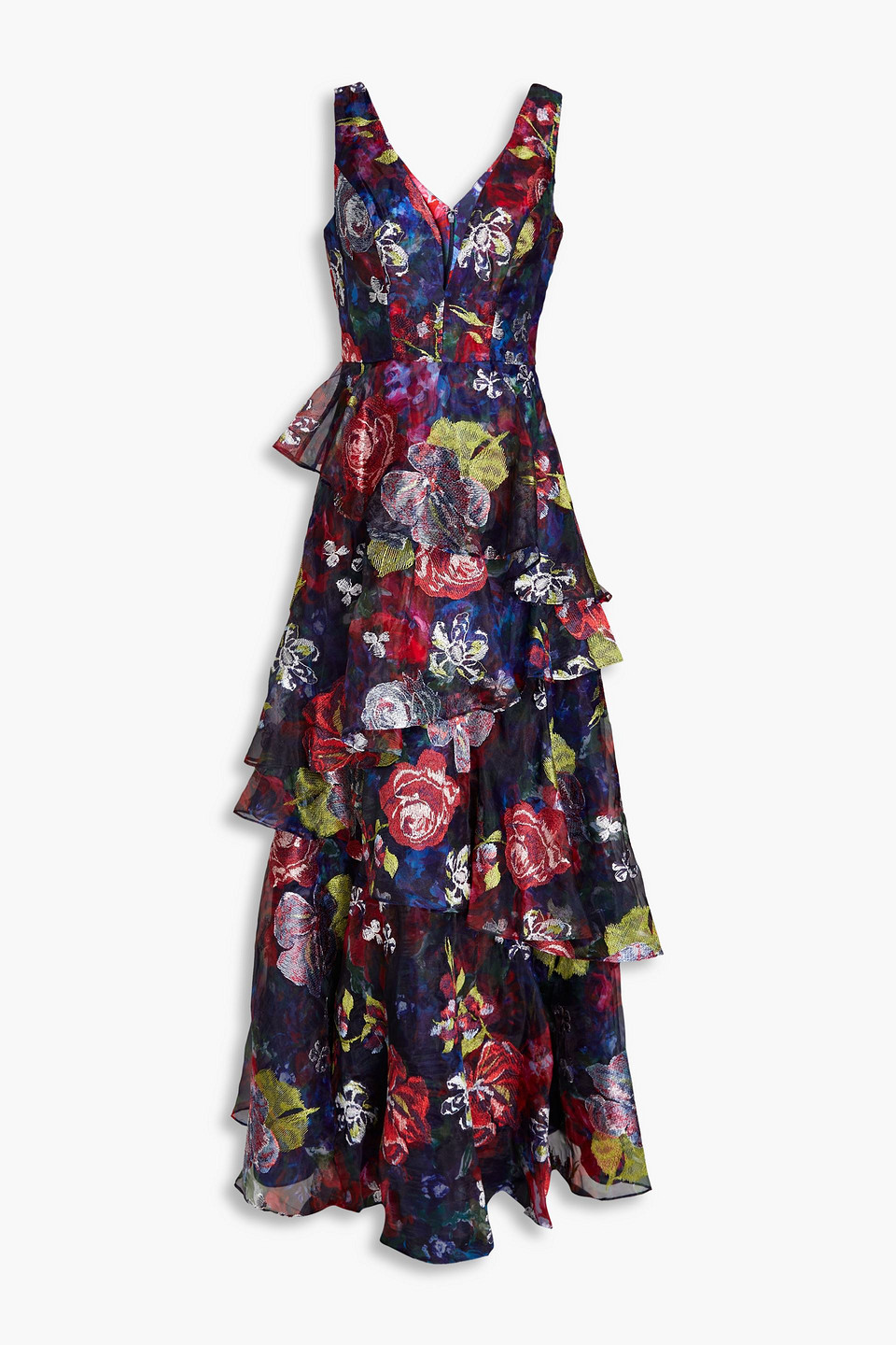 Marchesa Notte Gestufte Robe Aus Organza Mit Floralem Print Und Stickereien In Navy