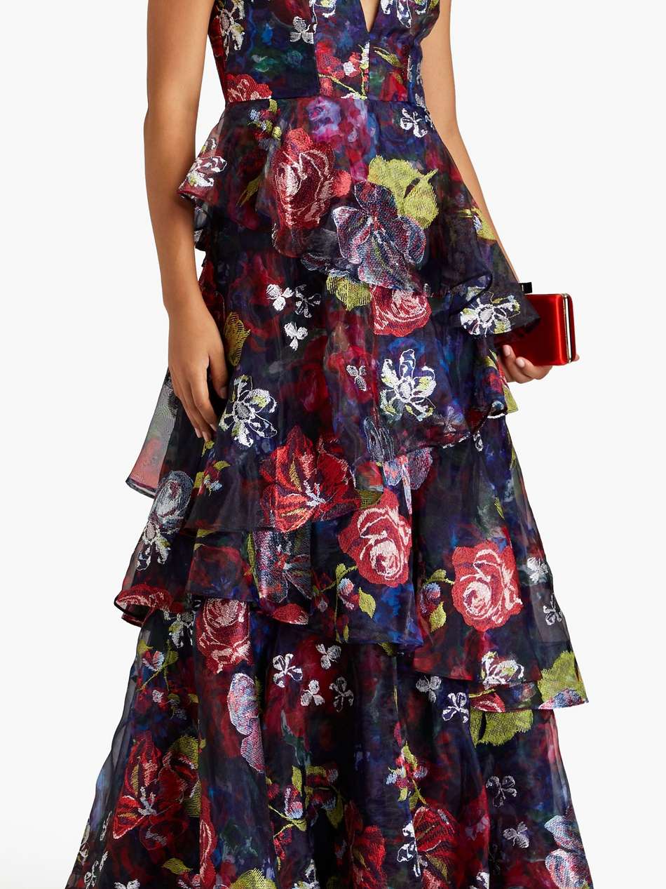tiered embroidered floral-print organza gown