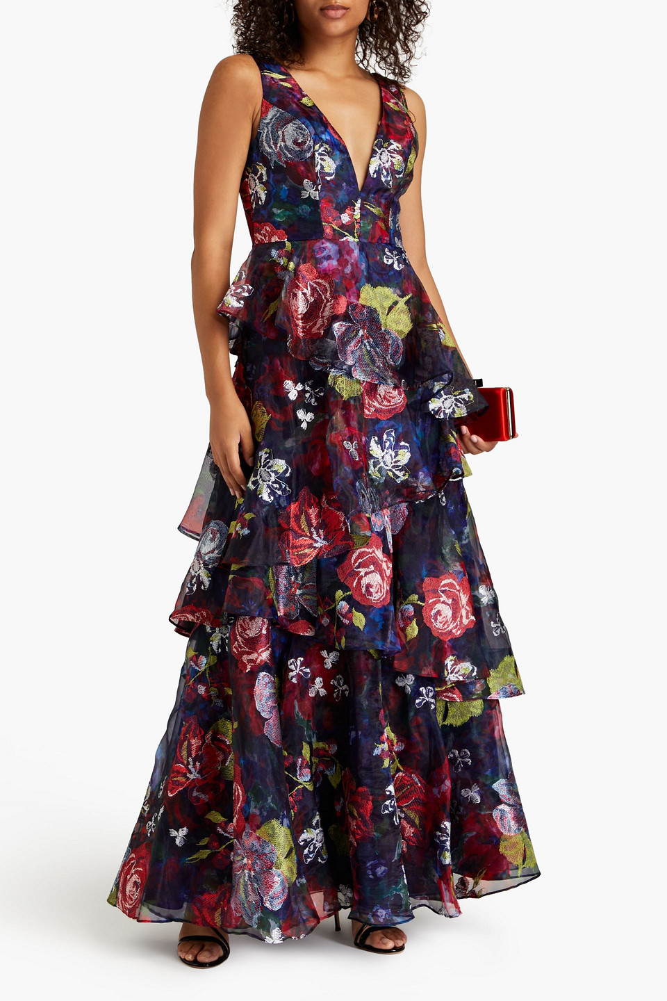 Shop Marchesa Notte Tiered Embroidered Floral-print Organza Gown In Navy