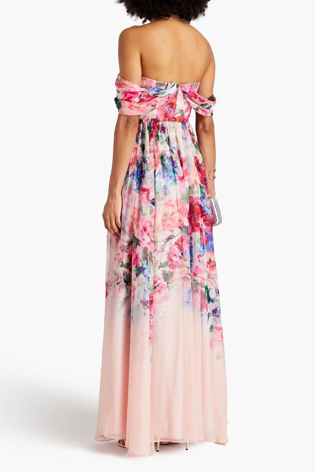 MARCHESA NOTTE シフォン ロングドレス オフショルダー ドレープ入り フローラルプリント