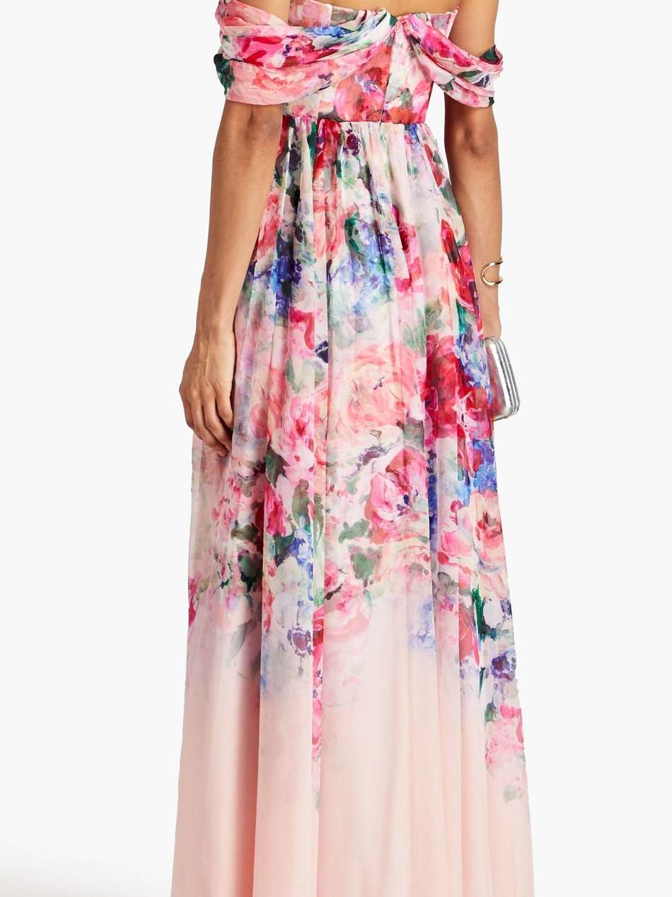 off-the-shoulder draped floral-print chiffon gown