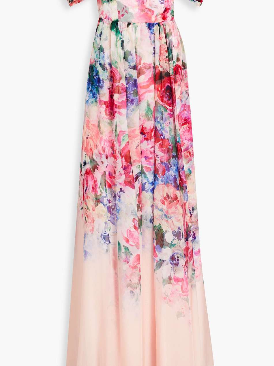 off-the-shoulder draped floral-print chiffon gown