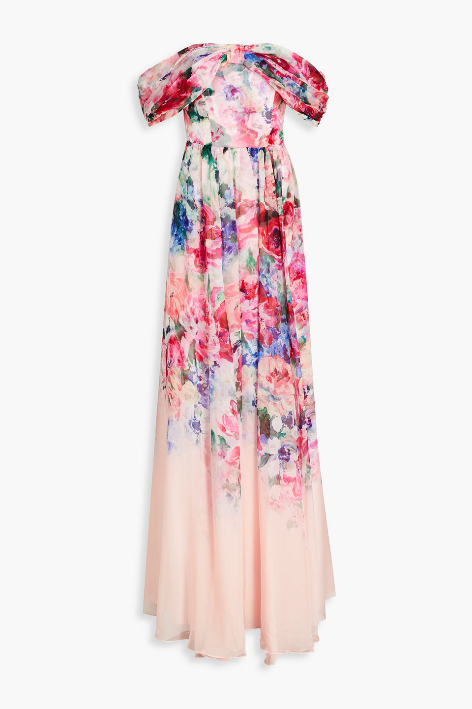 MARCHESA NOTTE OFF-THE-SHOULDER DRAPED FLORAL-PRINT CHIFFON GOWN
