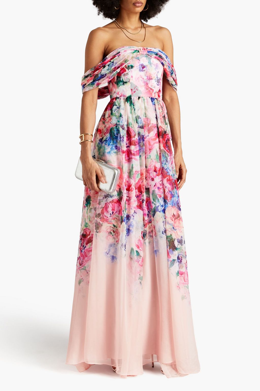 MARCHESA NOTTE シフォン ロングドレス オフショルダー ドレープ入り フローラルプリント
