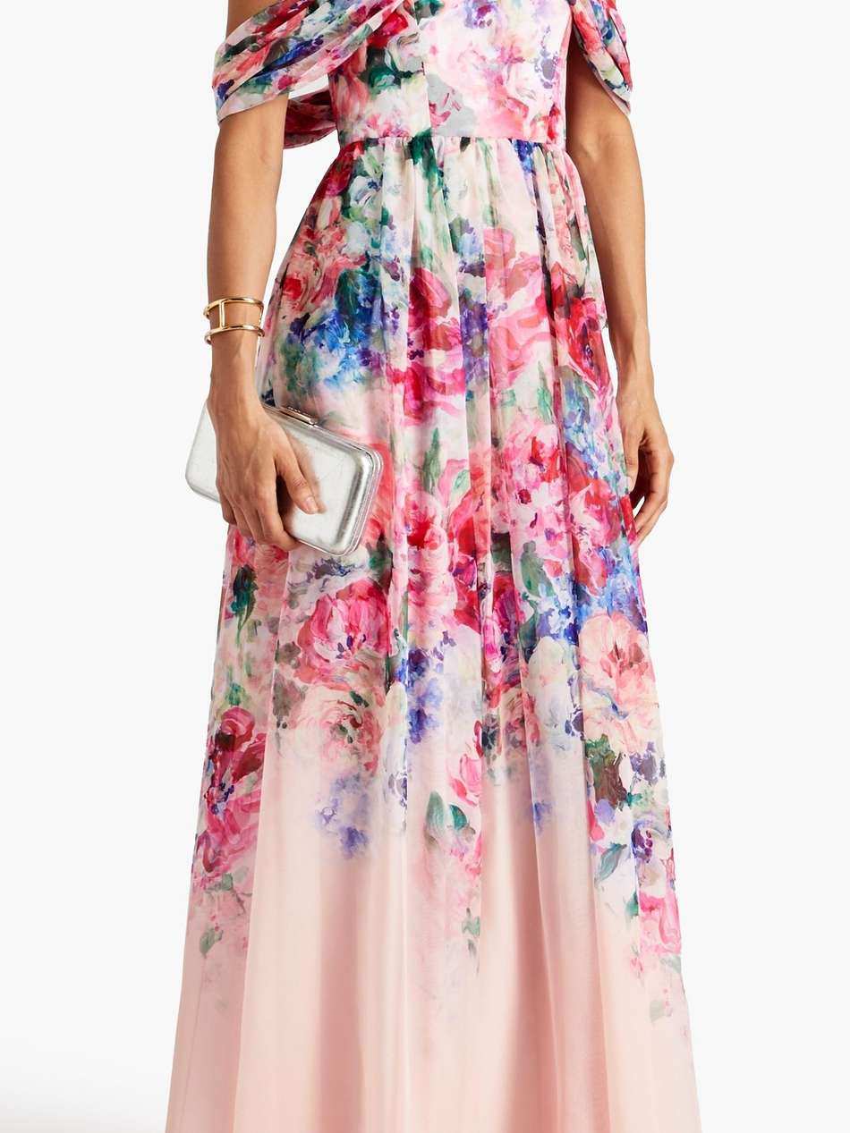 off-the-shoulder draped floral-print chiffon gown