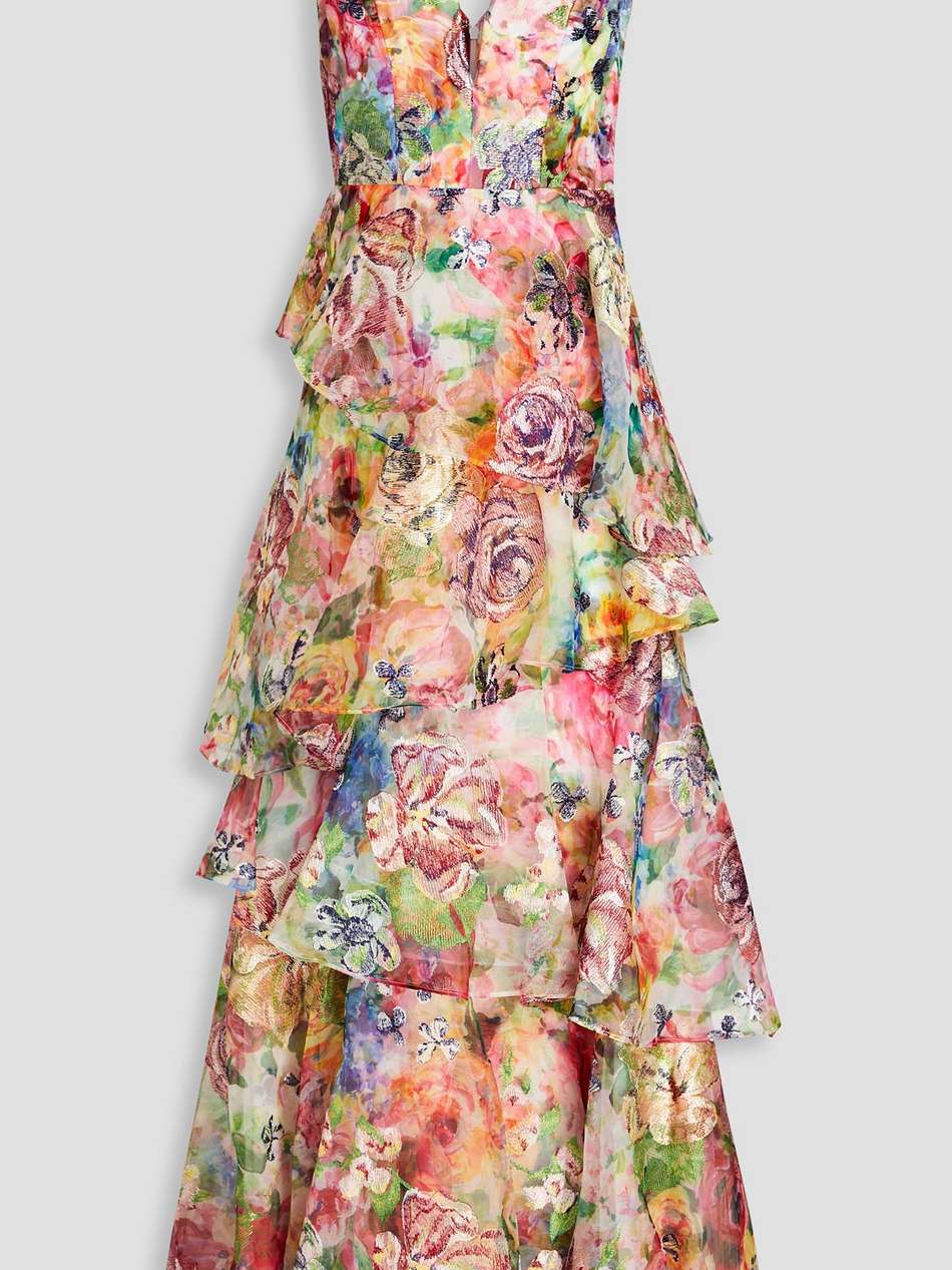 tiered embroidered floral-print organza gown