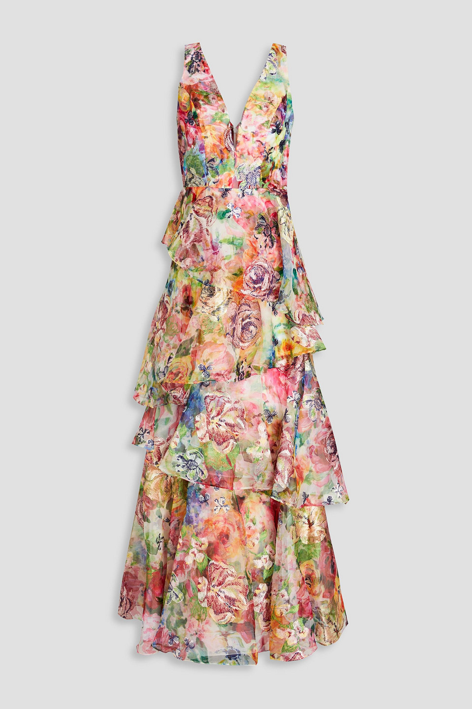 Tiered embroidered floral-print organza gown