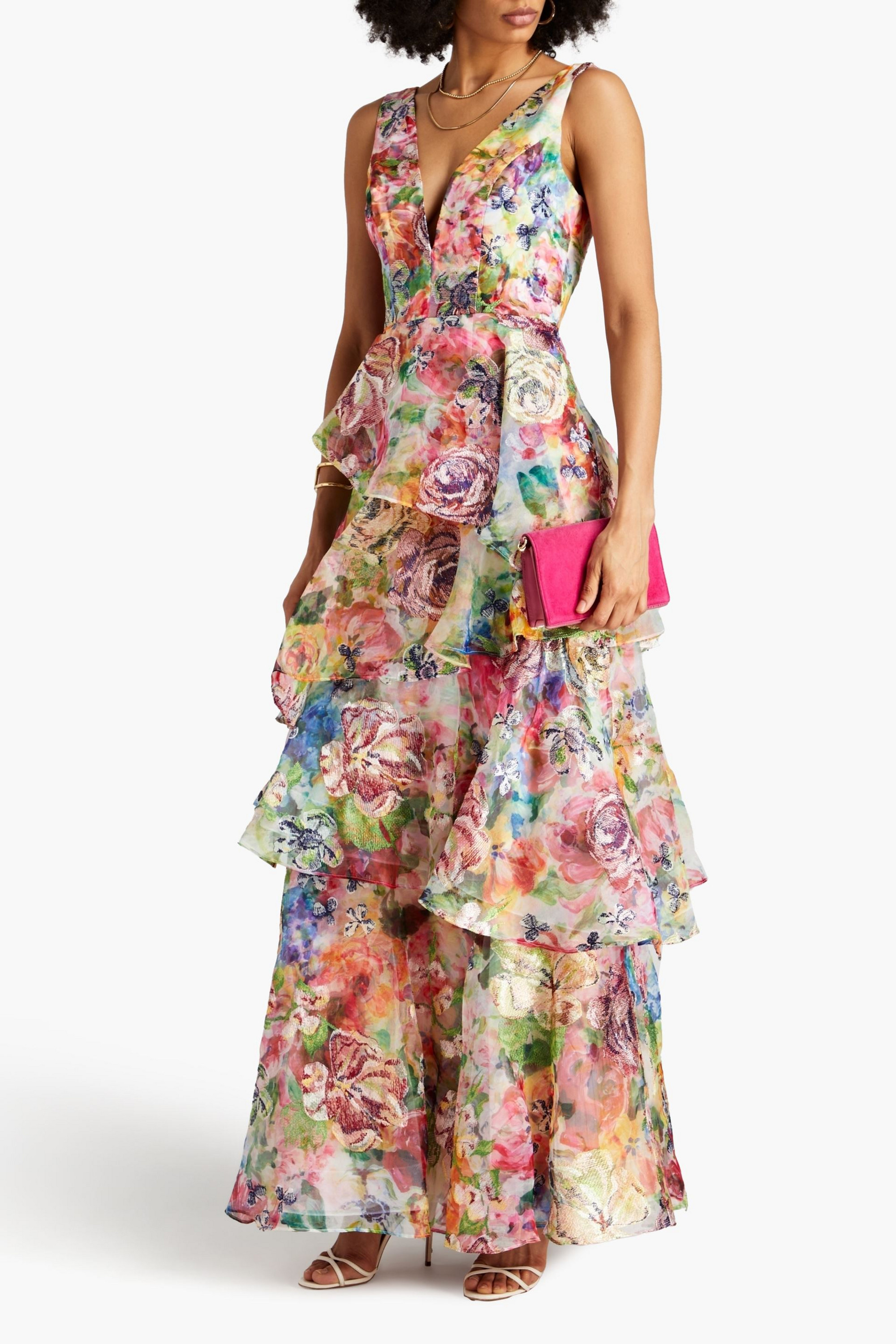 MARCHESA NOTTE Tiered embroidered floral-print organza gown