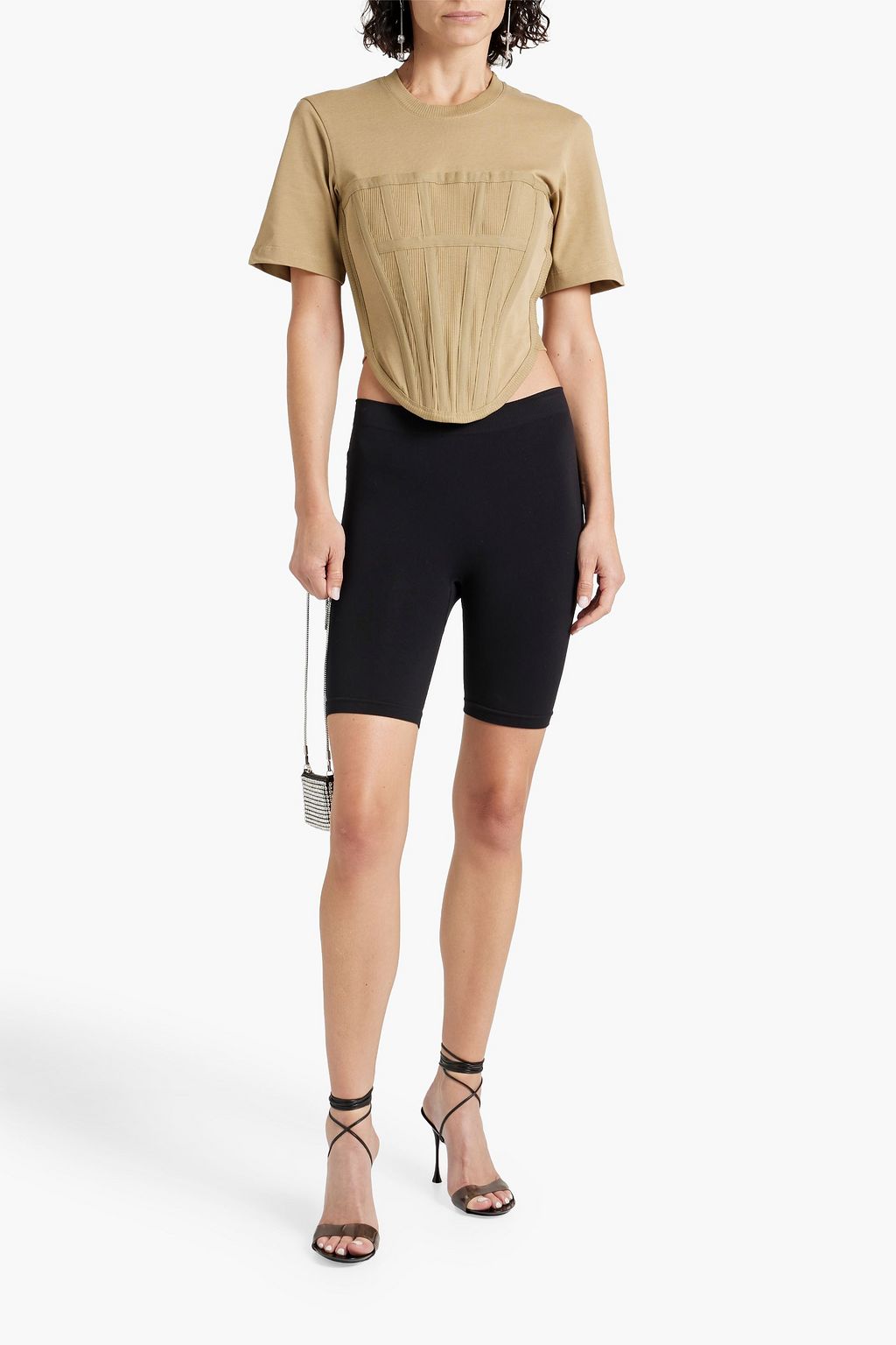 DION LEE تي شيرت قصير من قطن جيرسي مطّاطي مضلّع مع حاشية من نسيج مضلّع