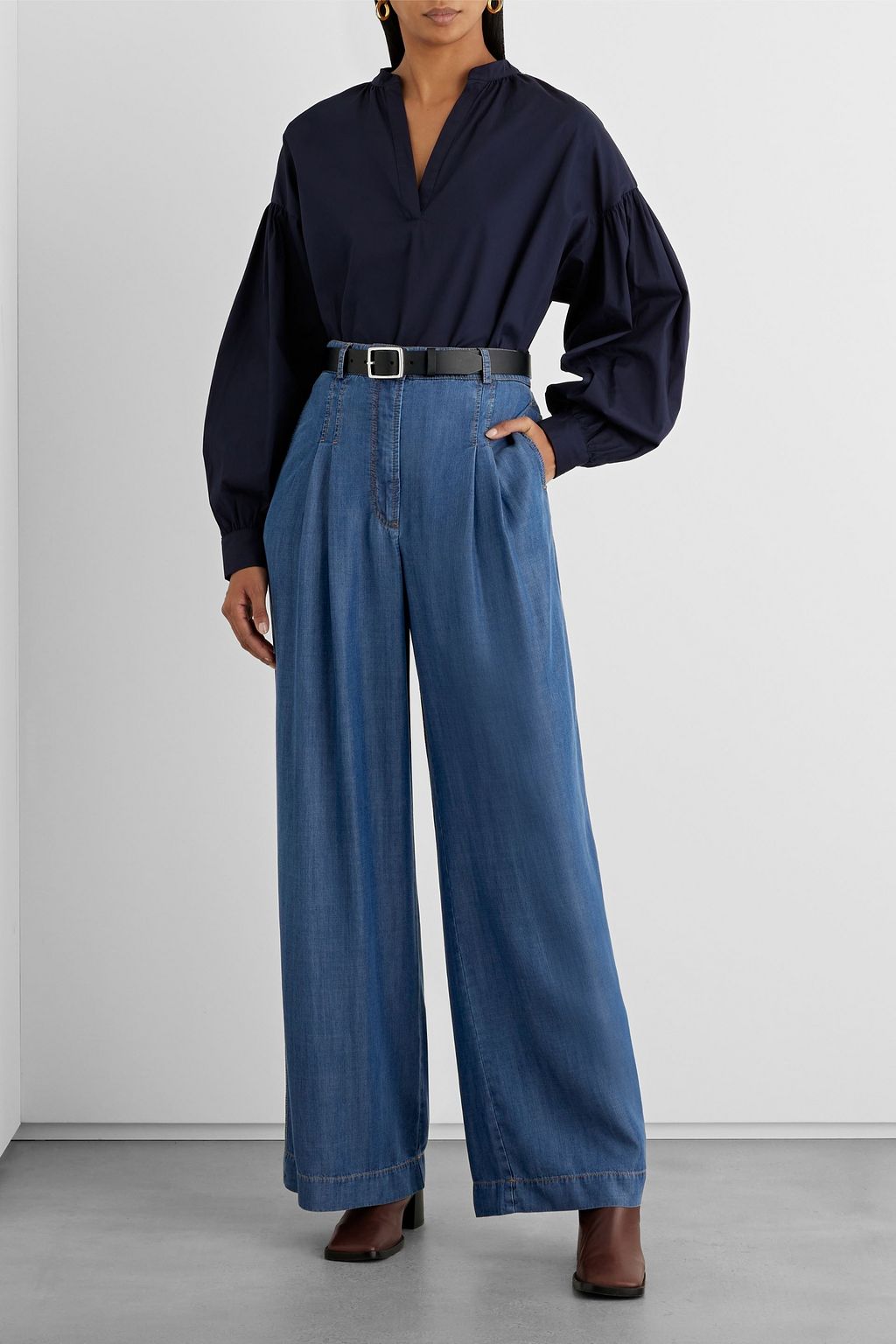 IRIS & INK Amanda pleated Lyocell-chambray wide-leg pants