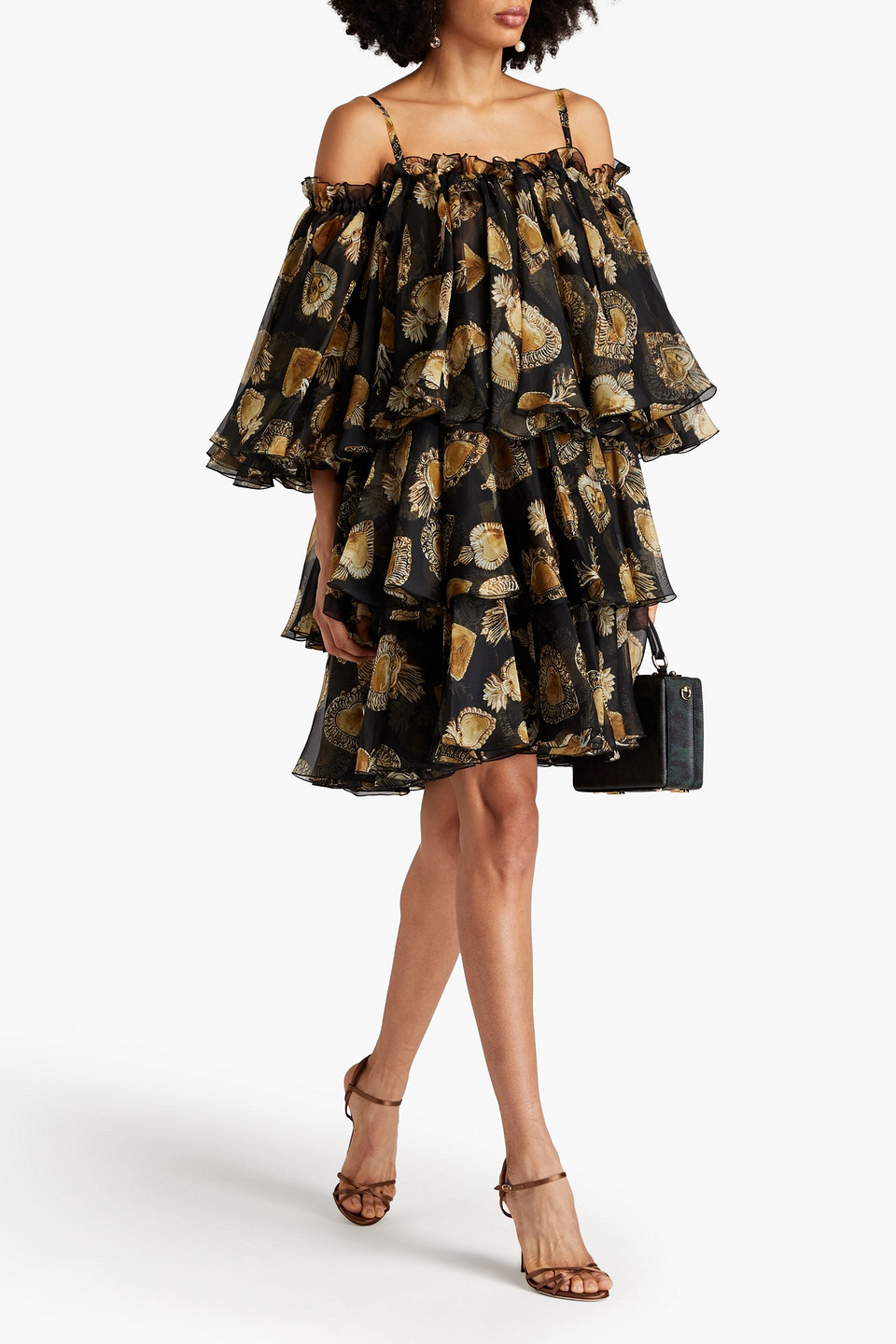 Shop Dolce & Gabbana Cold-shoulder Printed Silk-blend Organza Mini Dress In Black