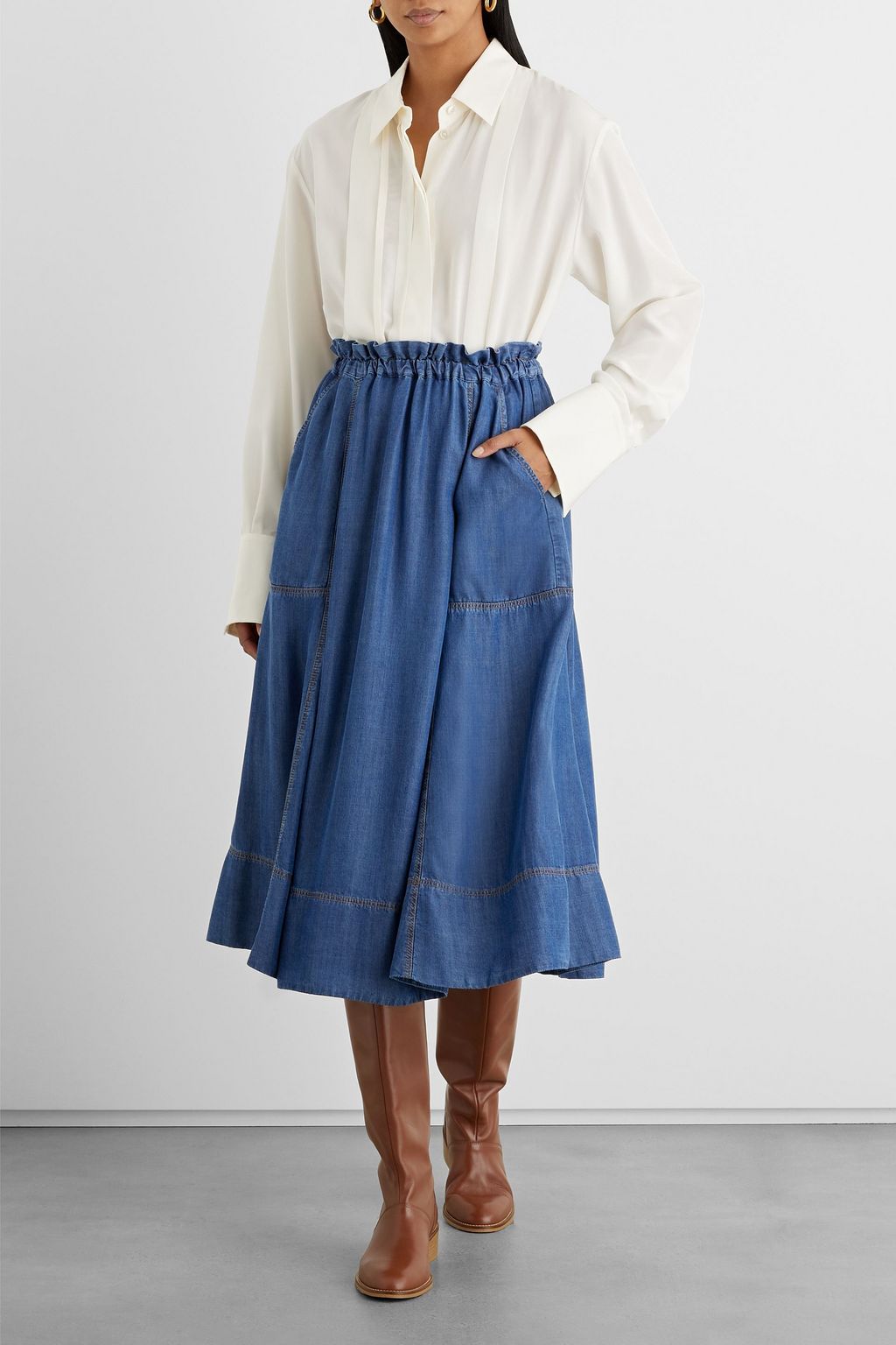 IRIS & INK Livia Lyocell-chambray midi skirt