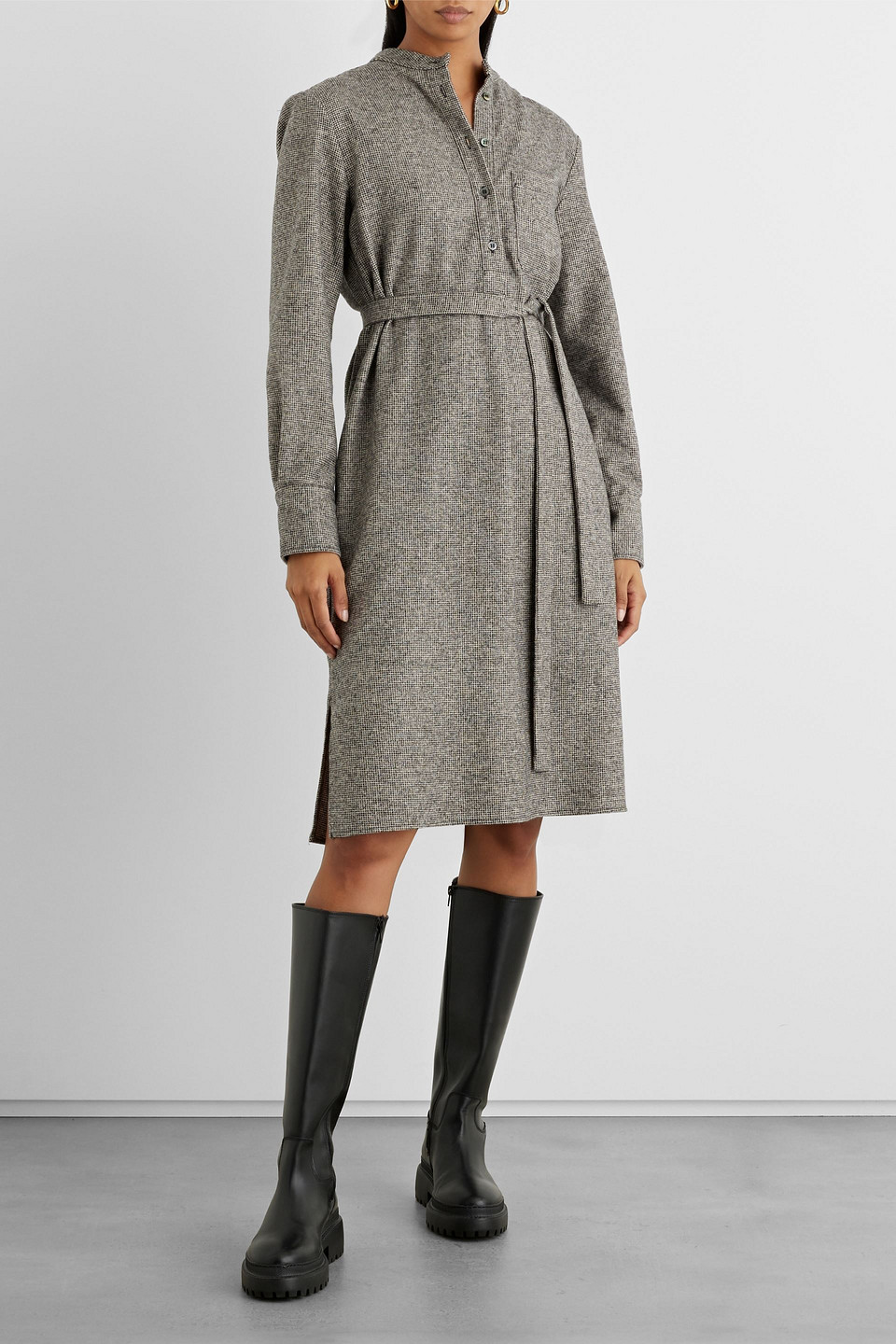 Shop Iris & Ink Isabelle Belted Wool-blend Tweed Shirt Dress In Gray