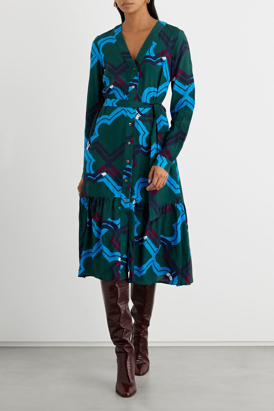 Shop Iris & Ink Ellie Printed Voile Midi Dress In Forest Green