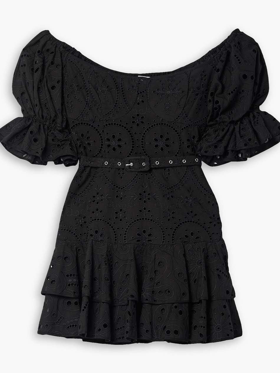 jean belted broderie anglaise cotton-blend mini dress