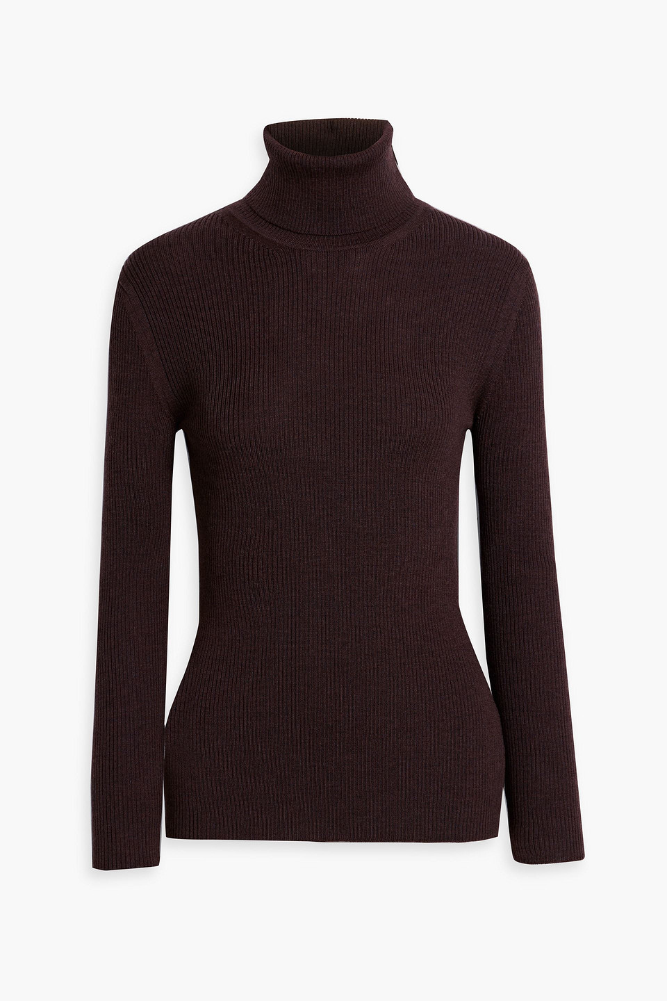 Iris & Ink Floriane Ribbed Merino Wool Turtleneck Sweater In Chocolate