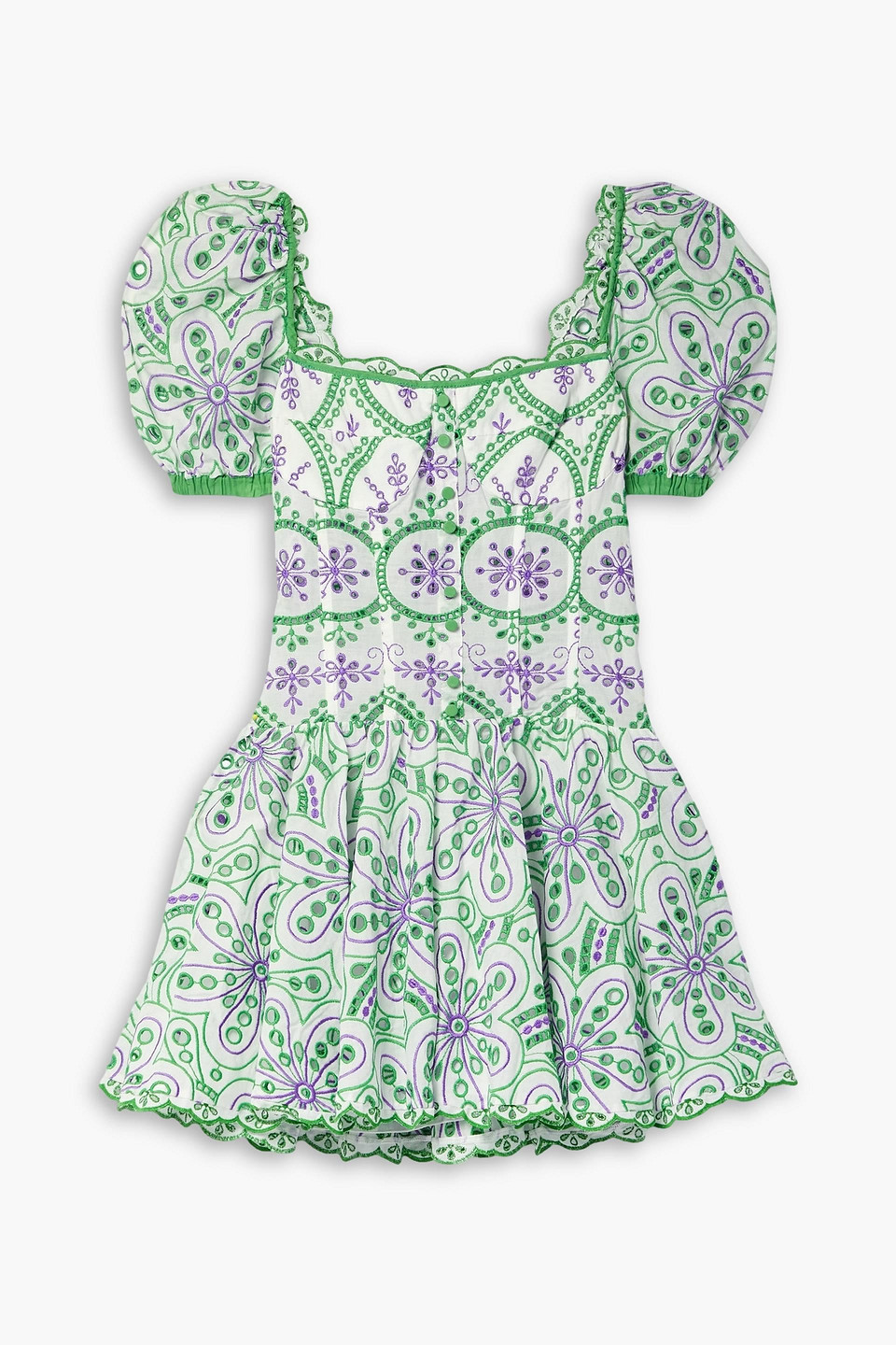 Charo Ruiz Yara Pleated Broderie Anglaise Cotton-blend Mini Dress In Green