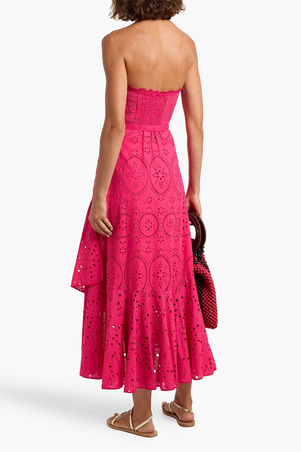 Shop Charo Ruiz Aurora Strapless Ruffled Broderie Anglaise Cotton-blend Midi Dress In Fuchsia