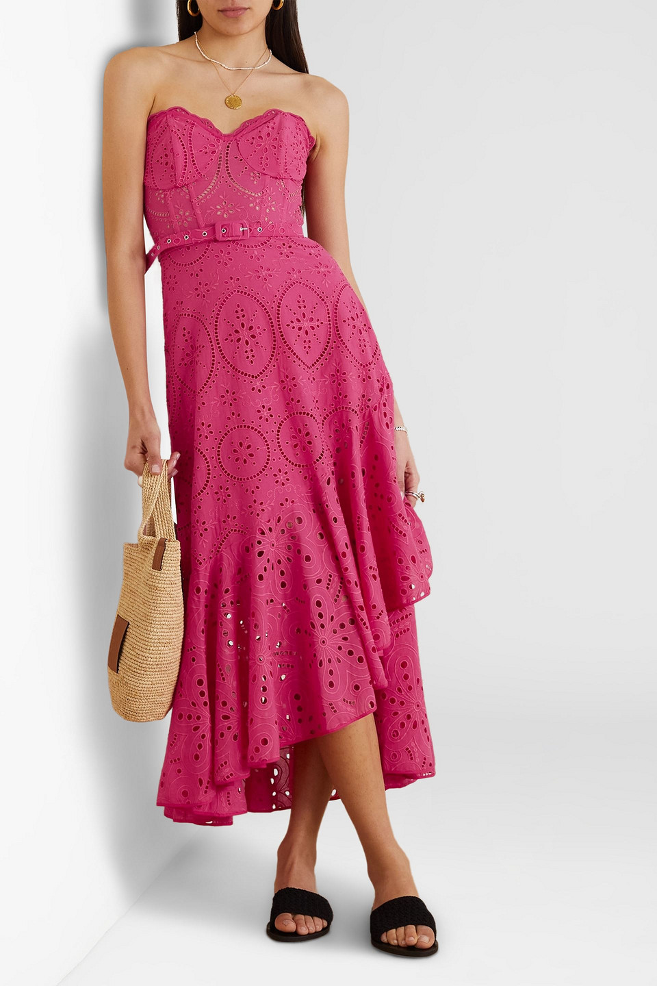 Shop Charo Ruiz Aurora Strapless Ruffled Broderie Anglaise Cotton-blend Midi Dress In Fuchsia