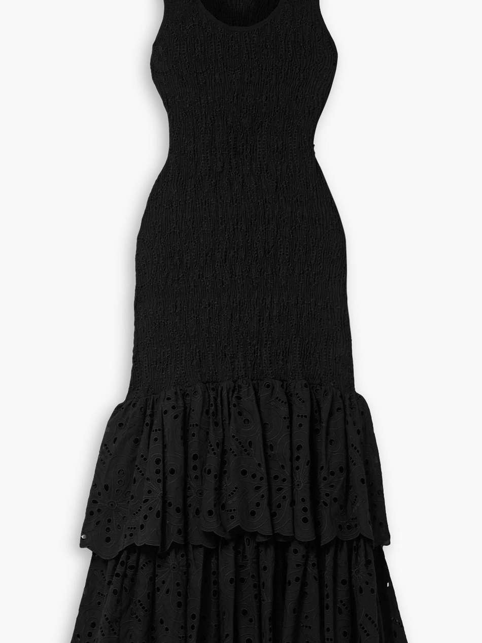 isa cutout shirred broderie anglaise cotton-blend midi dress