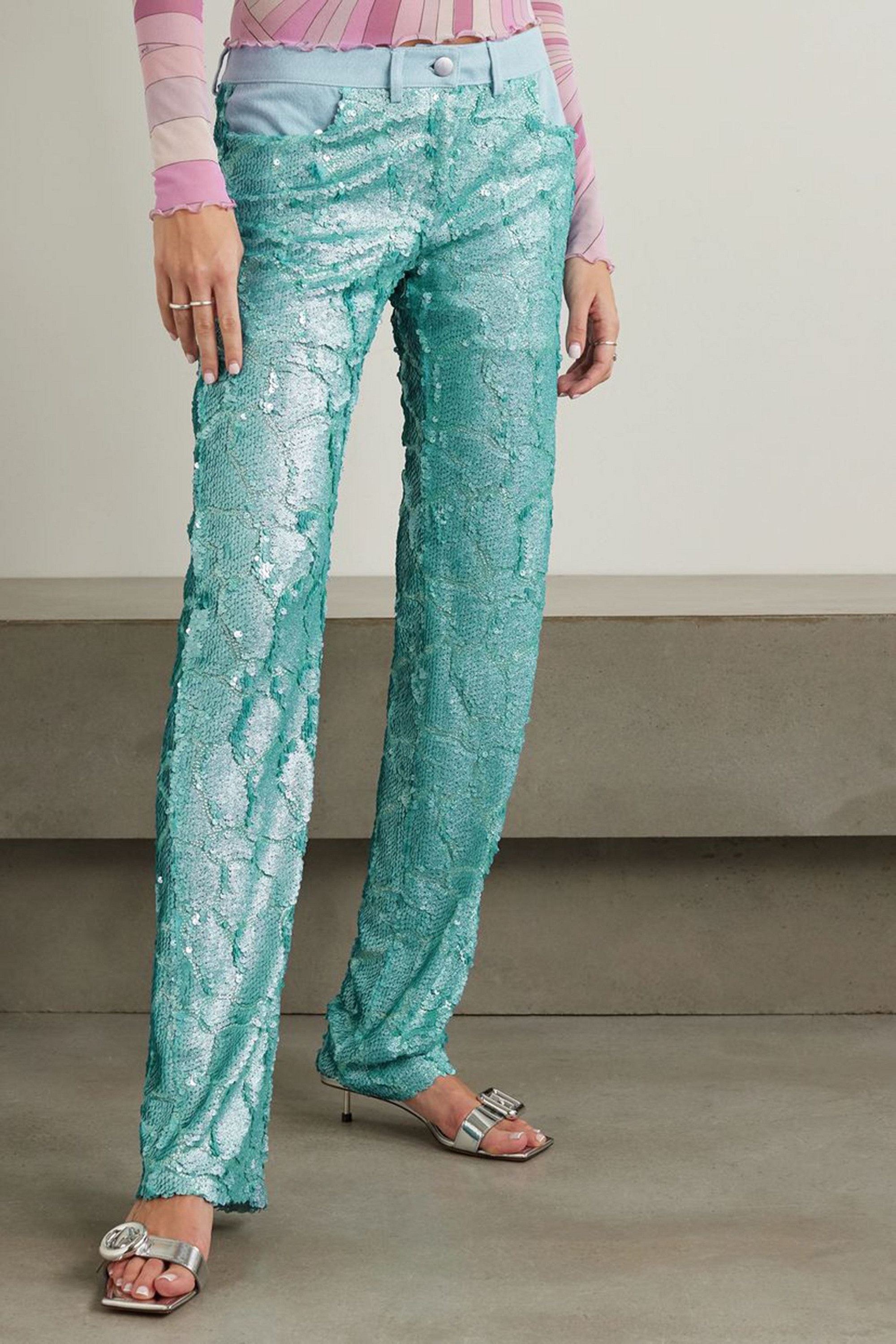 Siedrés Sun denim-trimmed sequined tulle straight-leg pants
