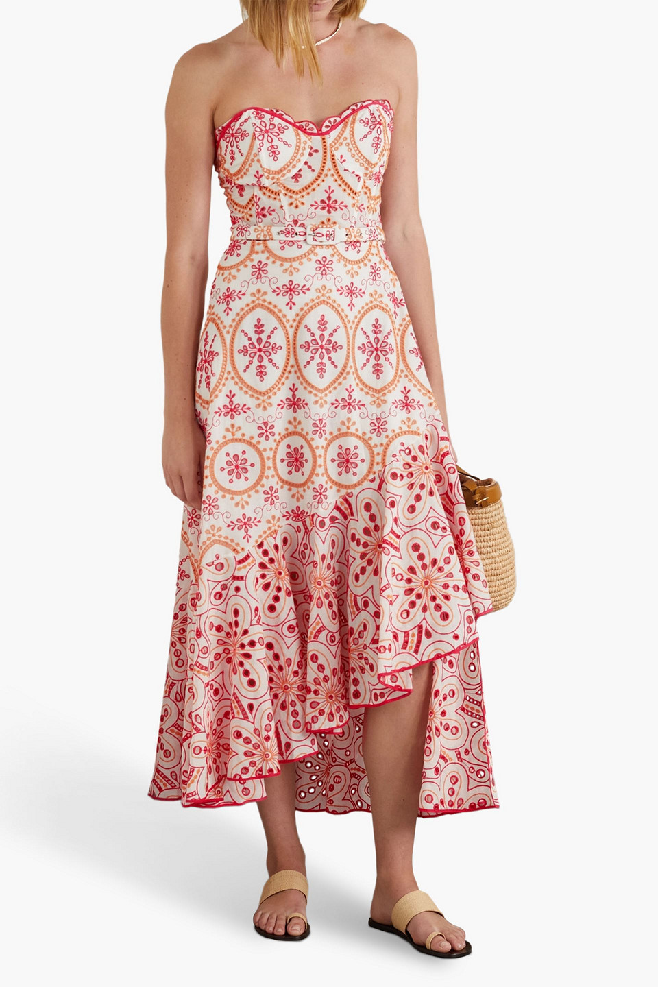 Charo Ruiz Aurora Strapless Ruffled Broderie Anglaise Cotton-blend Midi Dress In Orange
