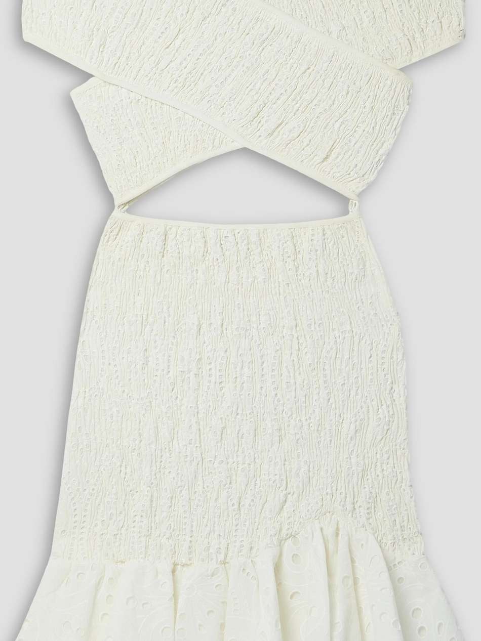 nella off-the-shoulder shirred broderie anglaise cotton-blend mini dress