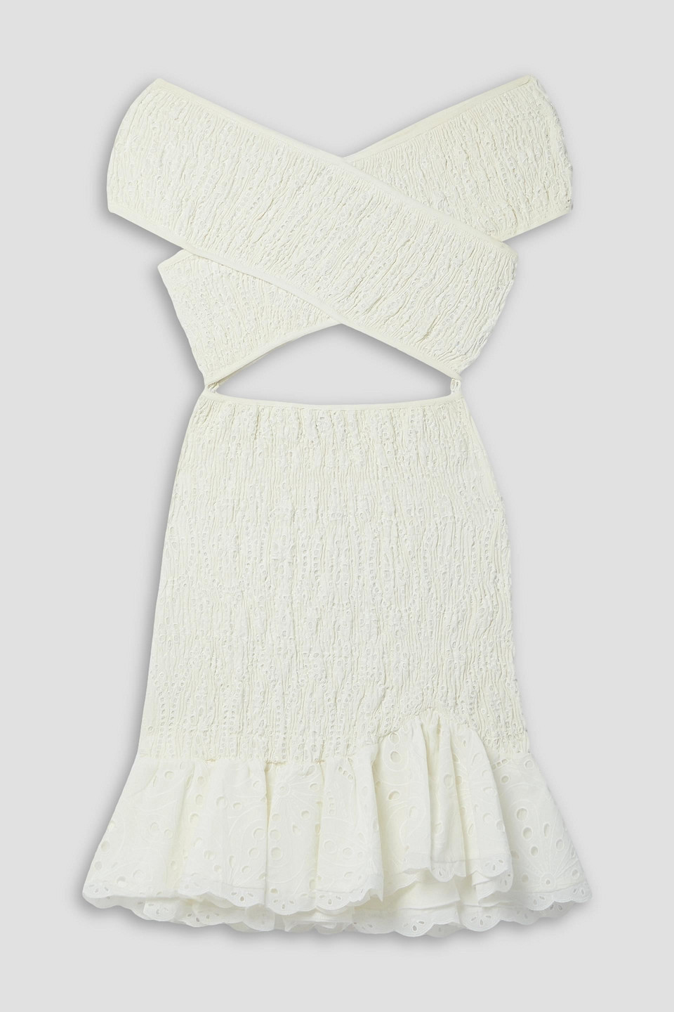 Charo Ruiz Nella Off-the-shoulder Shirred Broderie Anglaise Cotton-blend Mini Dress In Off-white