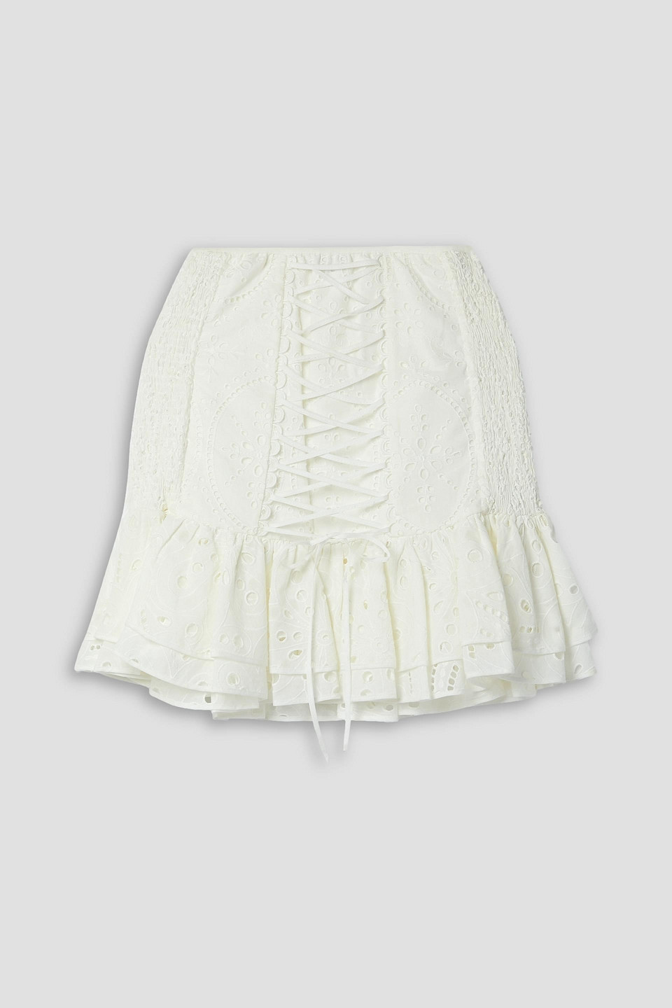 Charo Ruiz Lucrecia Ruffled Lace-up Broderie Anglaise Cotton-blend Mini Skirt In Ivory