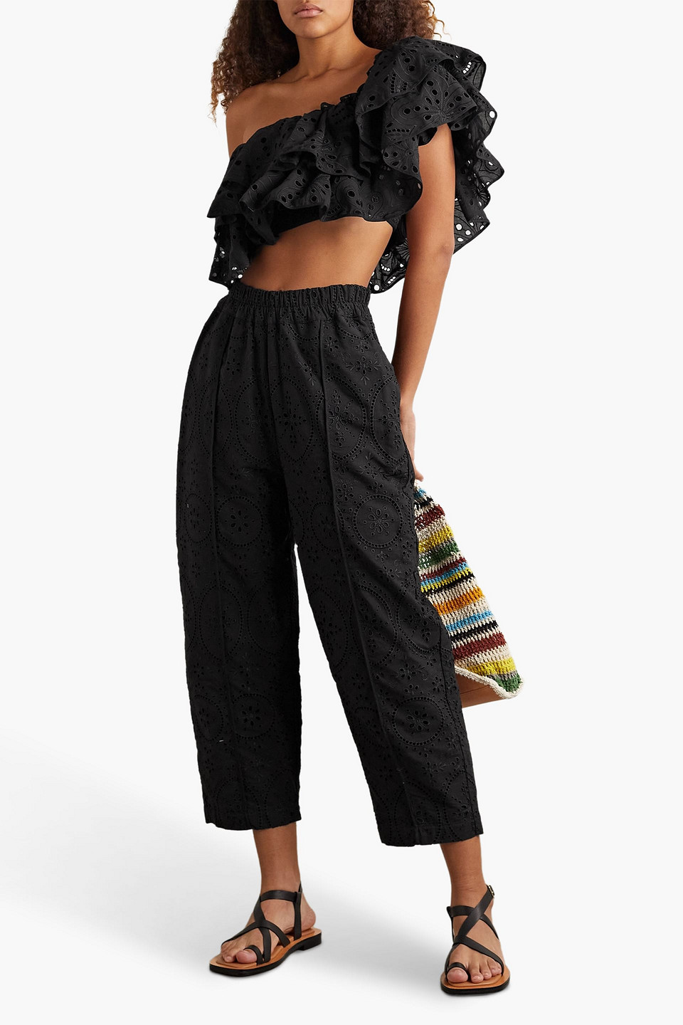 Shop Charo Ruiz Lya Cropped Broderie Anglaise Cotton-blend Wide-leg Pants In Black