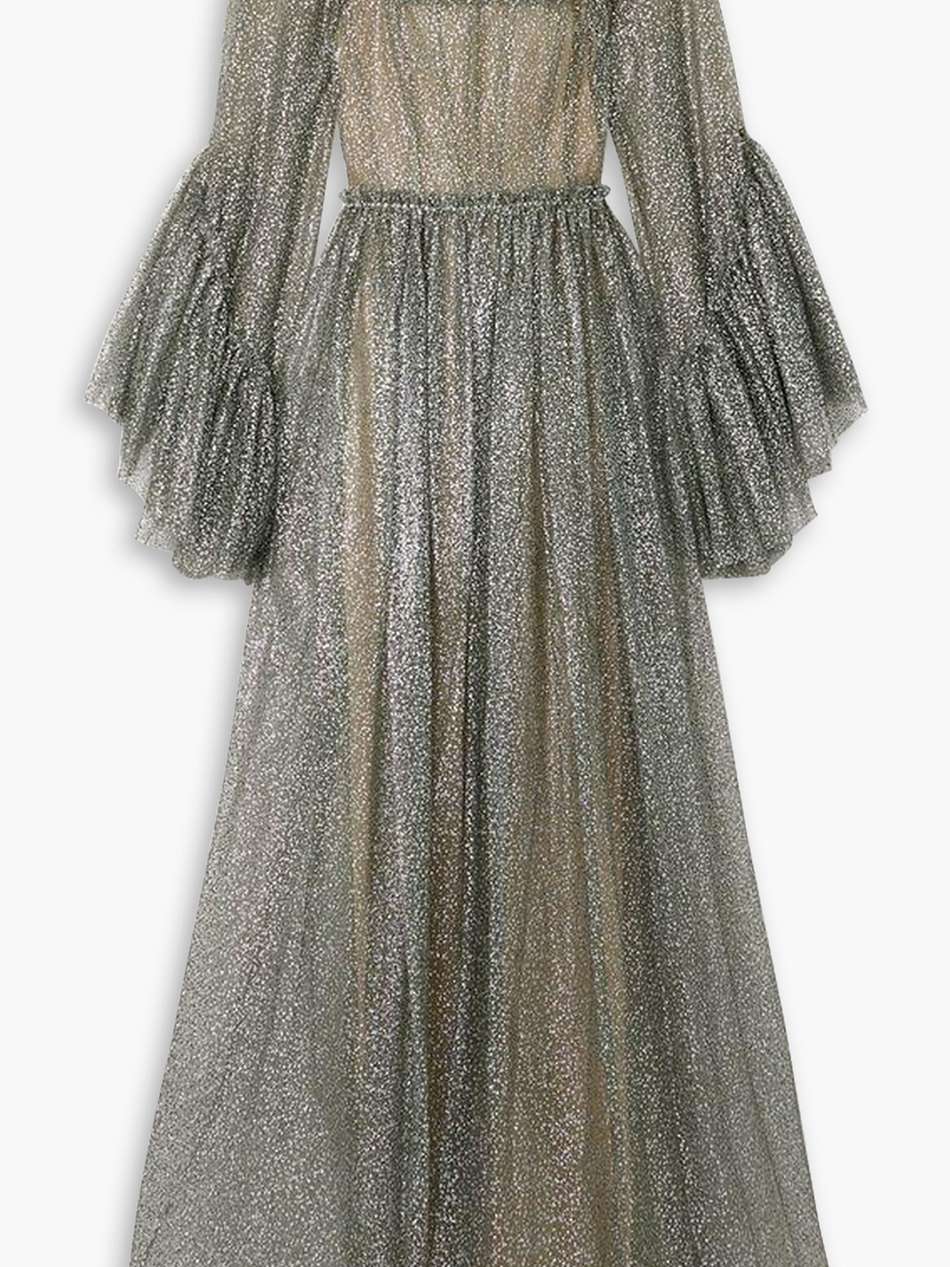 enchanteresse ruffled glittered tulle maxi dress