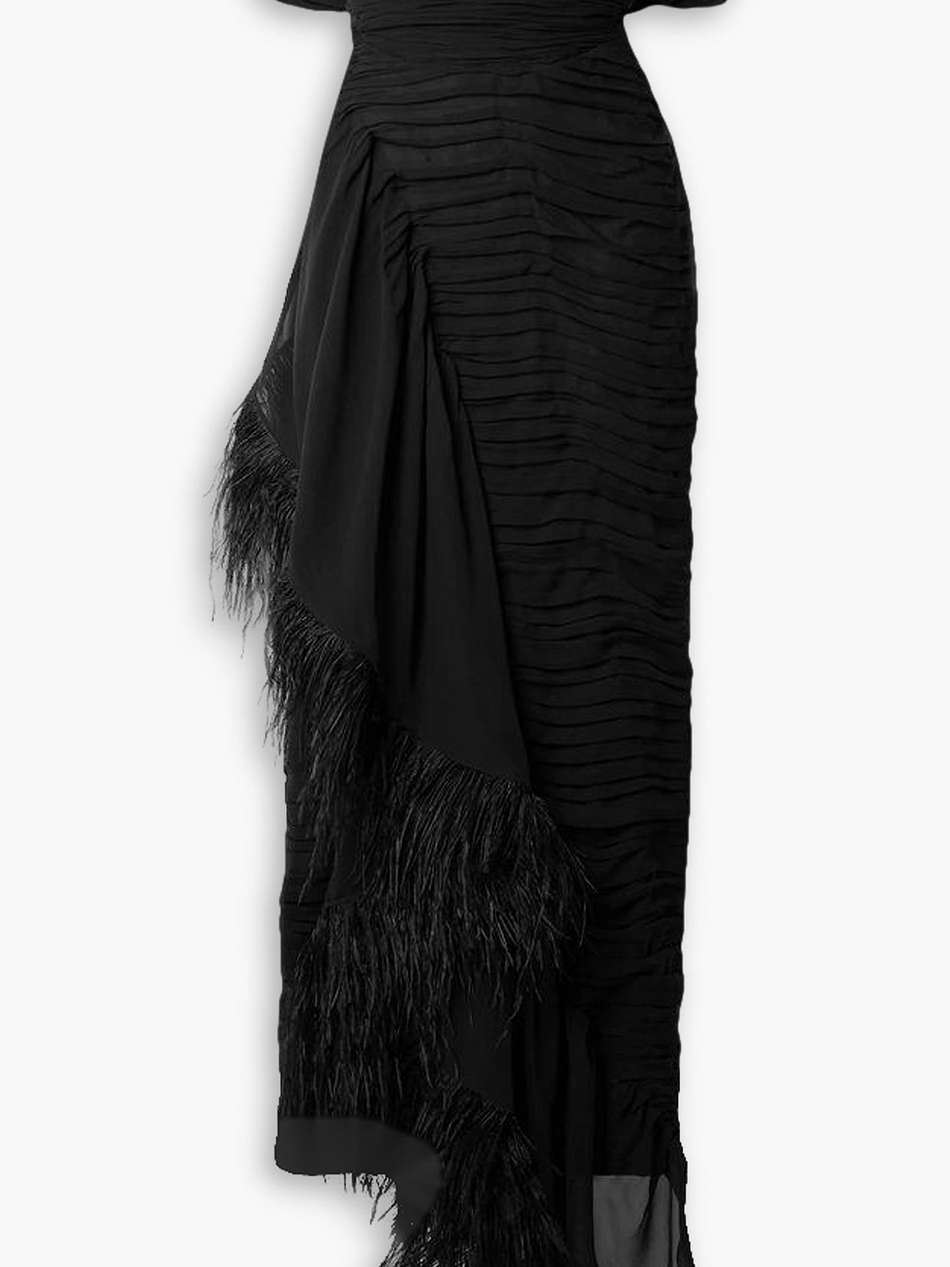 water body off-the-shoulder feather-trimmed silk-blend georgette maxi dress