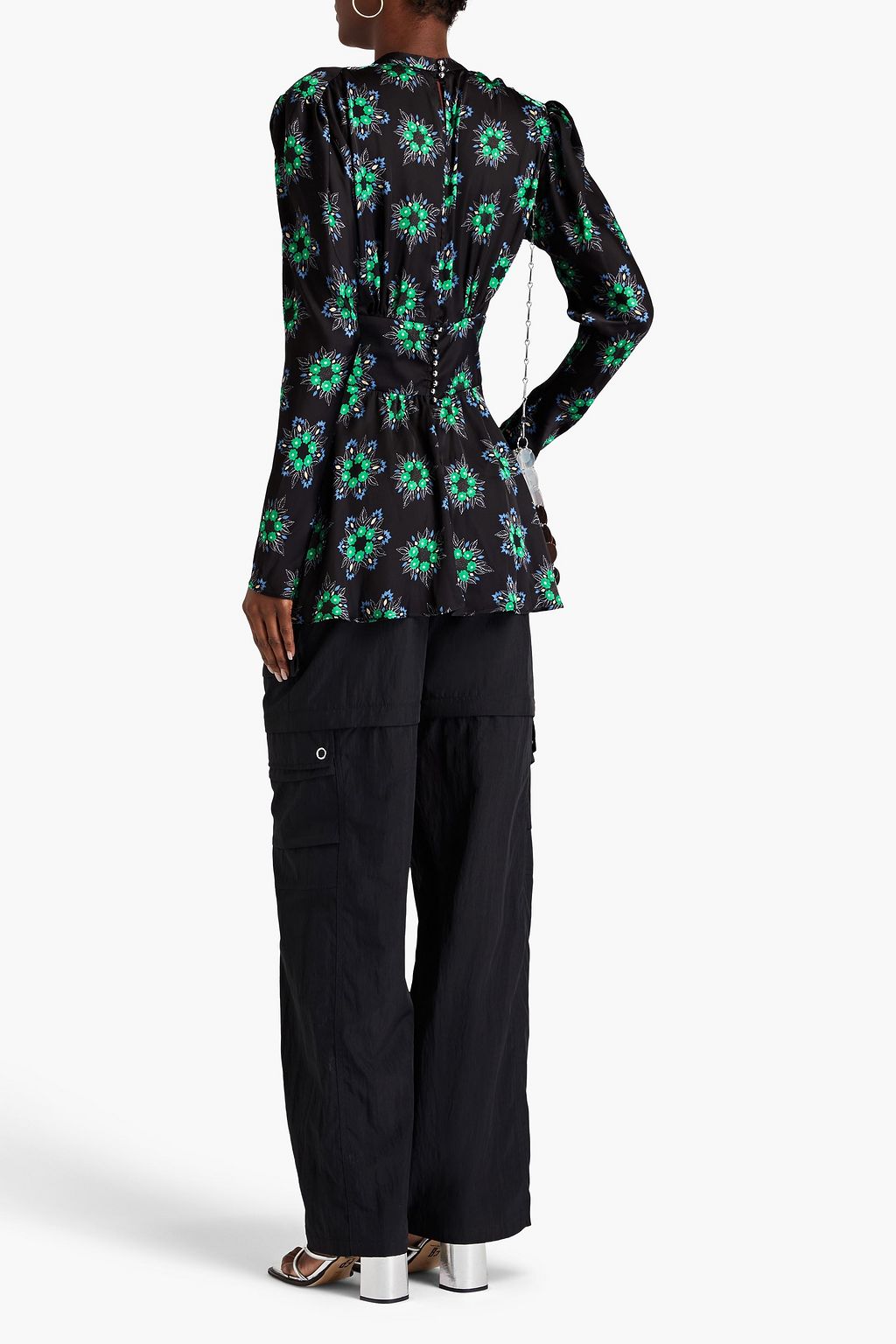 RABANNE Gathered floral-print satin blouse