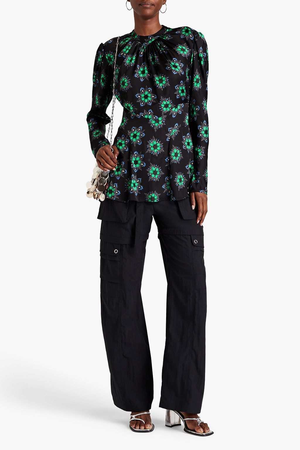 RABANNE Gathered floral-print satin blouse