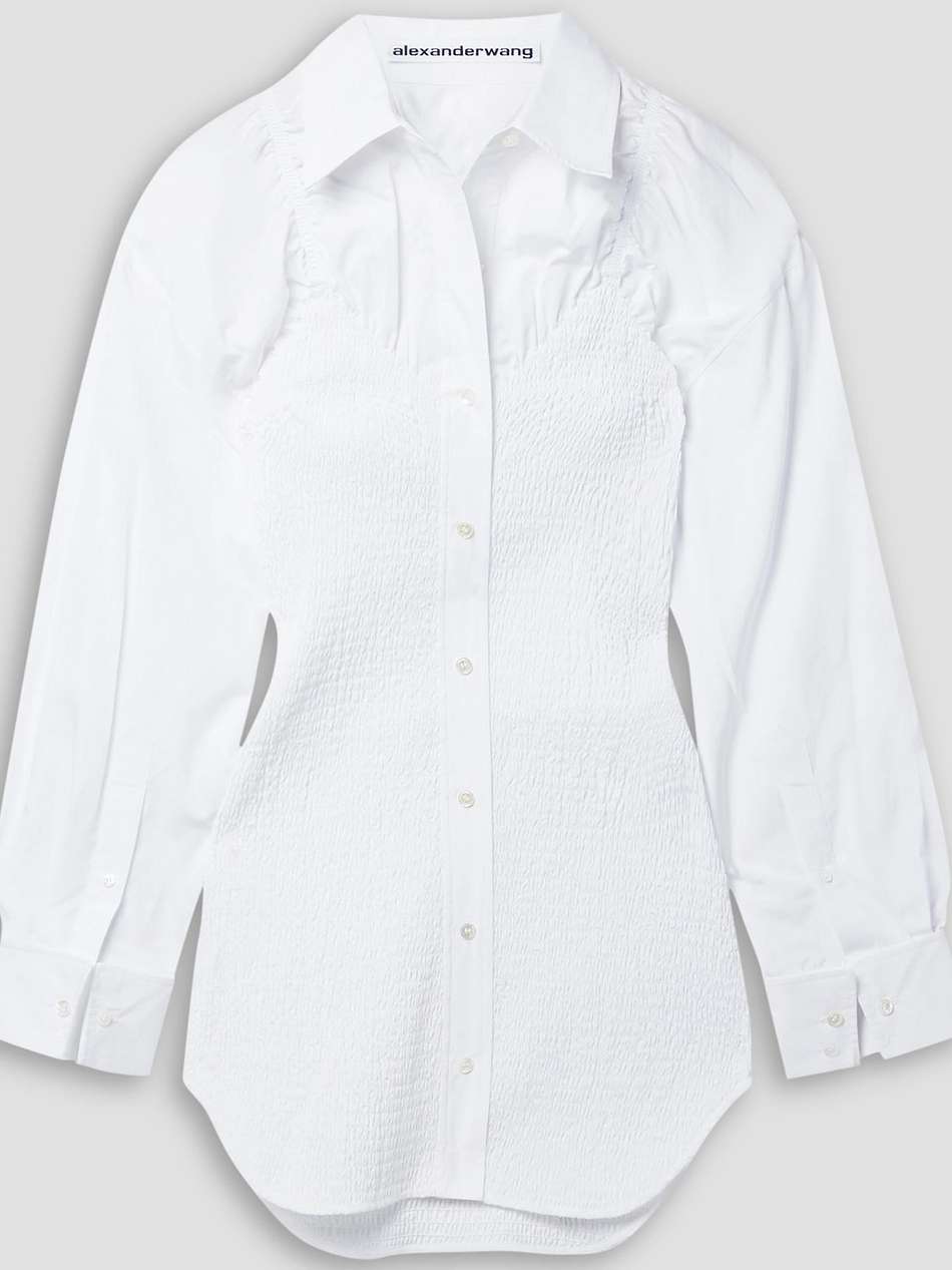 shirred cotton-poplin mini shirt dress