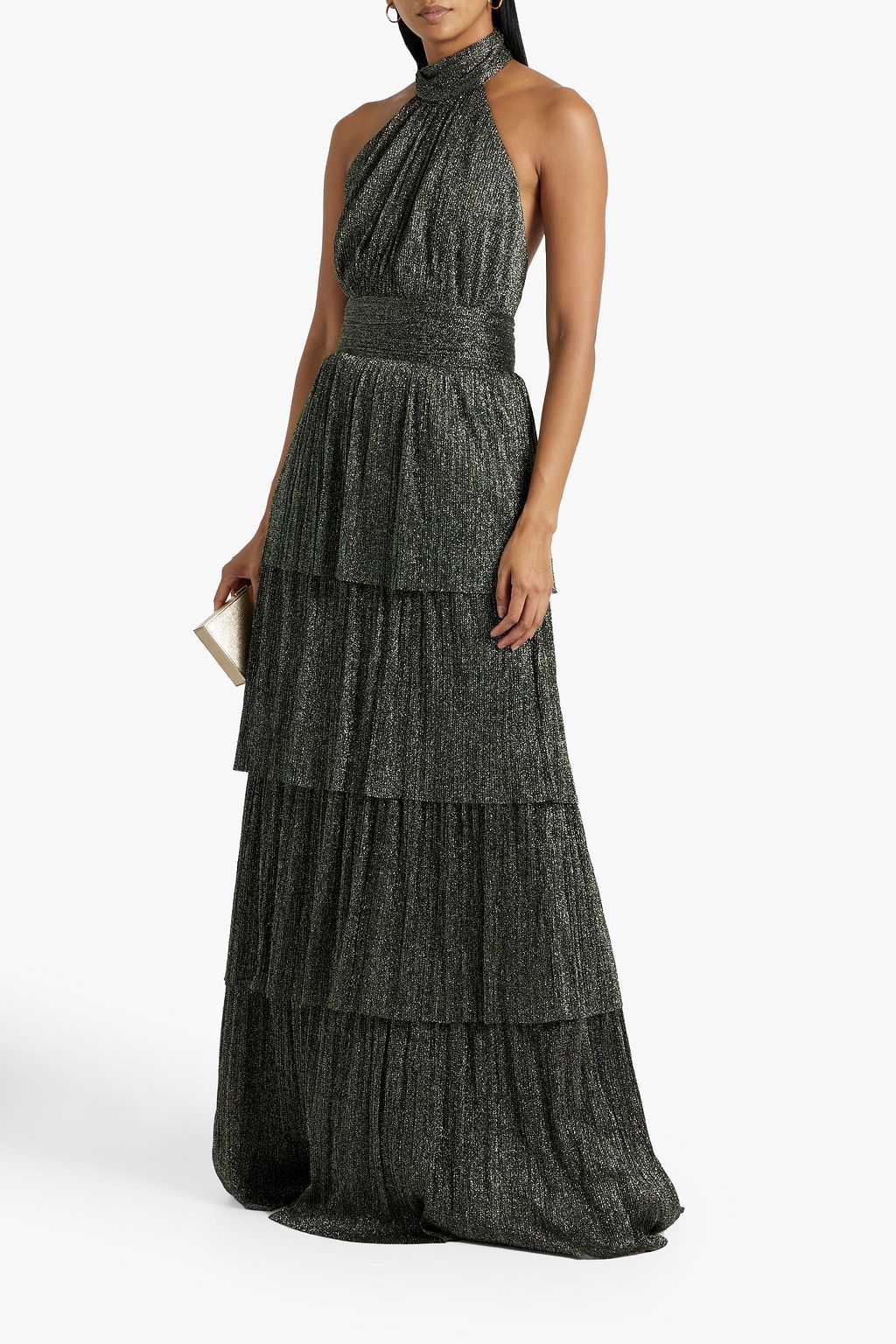 REBECCA VALLANCE Giverny tiered metallic tulle halterneck gown