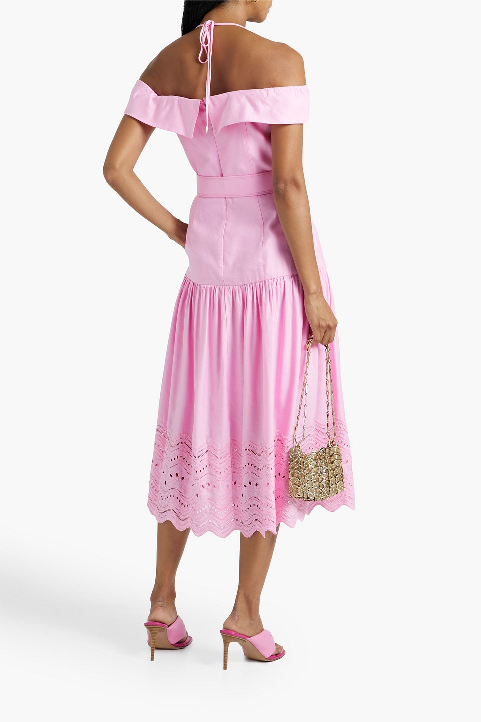 Shop Rebecca Vallance Emile Broderie Anglaise Linen-blend Midi Dress In Baby Pink