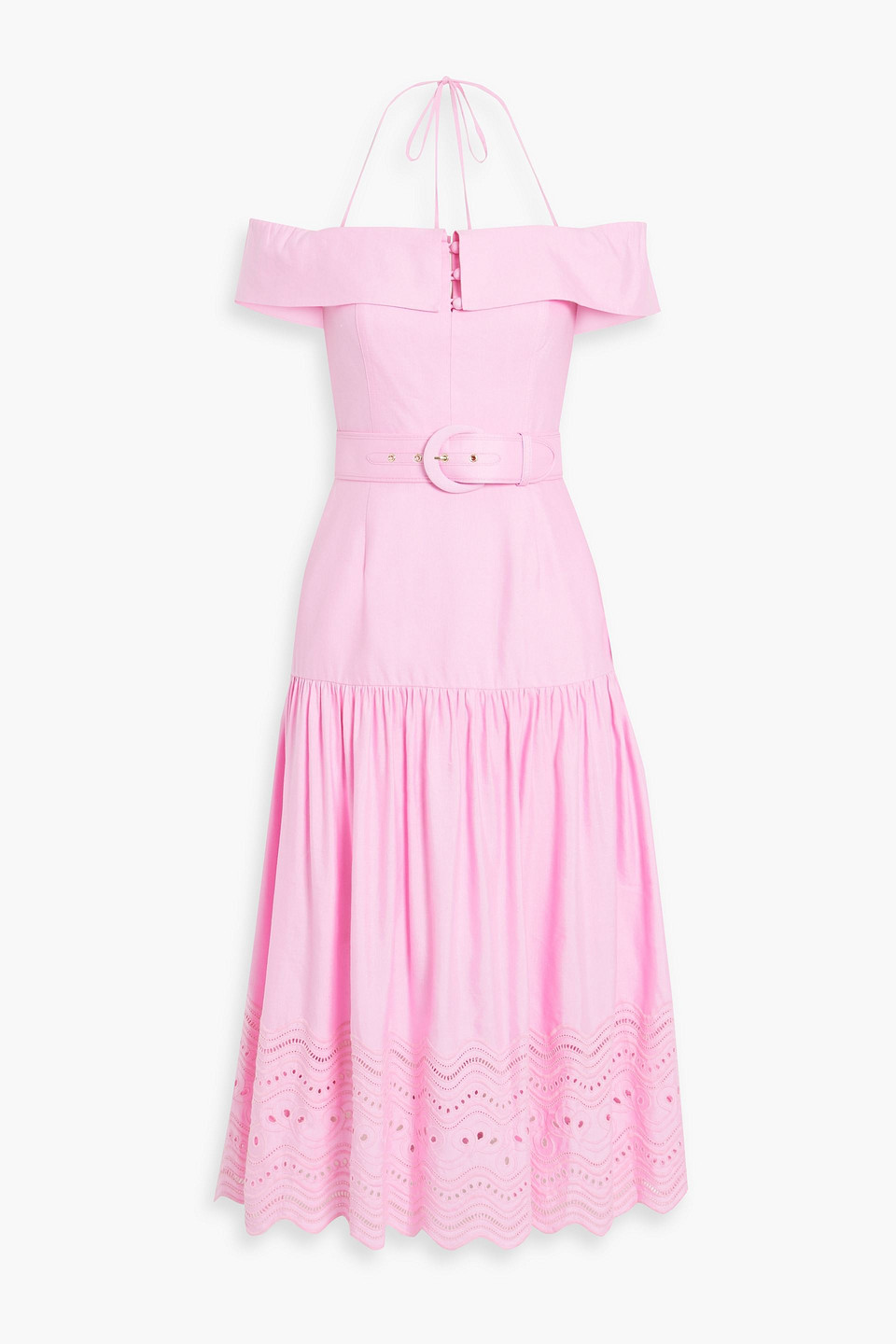 Shop Rebecca Vallance Emile Broderie Anglaise Linen-blend Midi Dress In Baby Pink