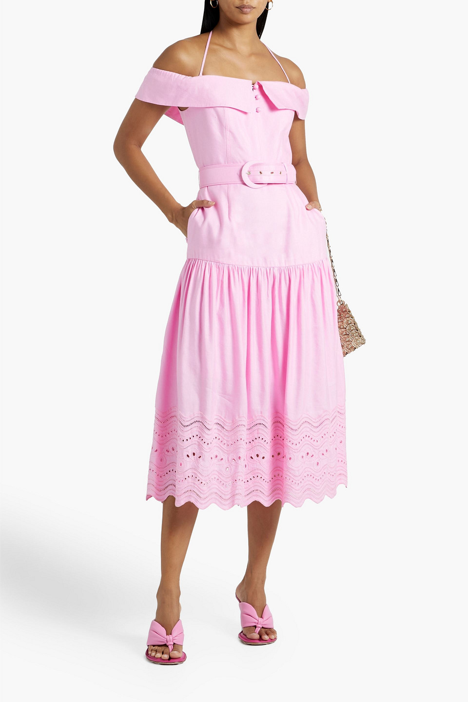 Shop Rebecca Vallance Emile Broderie Anglaise Linen-blend Midi Dress In Baby Pink