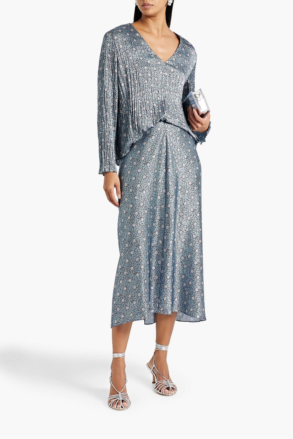 VINCE. Floral-print plissé-satin blouse