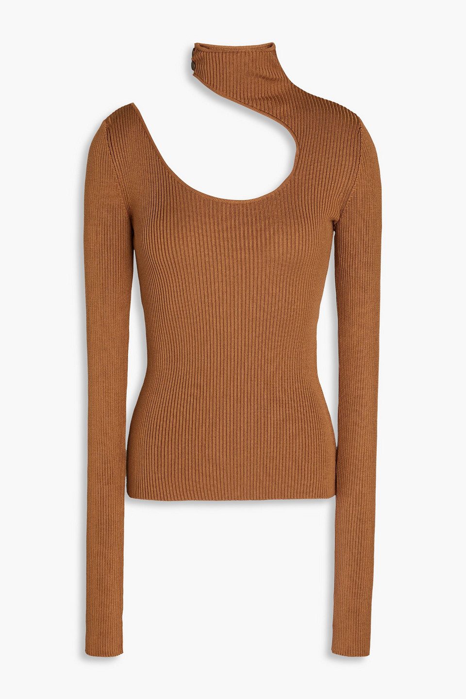 Cutout ribbed-knit turtleneck top