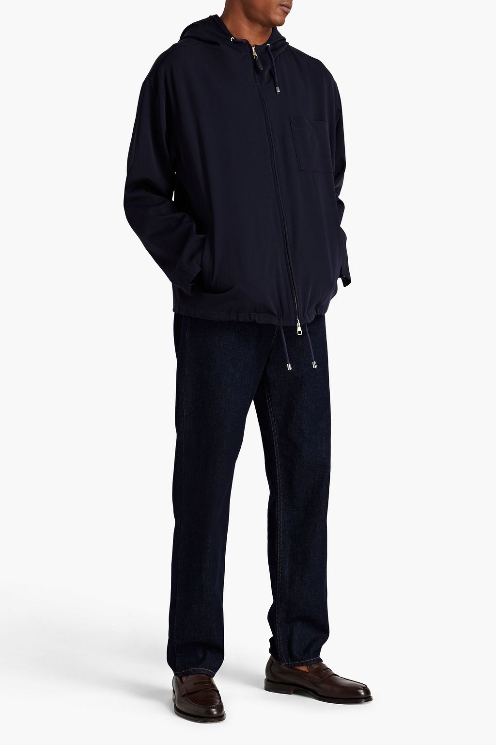 DUNHILL Kapuzenjacke aus Woll-Twill mit Lederbesatz