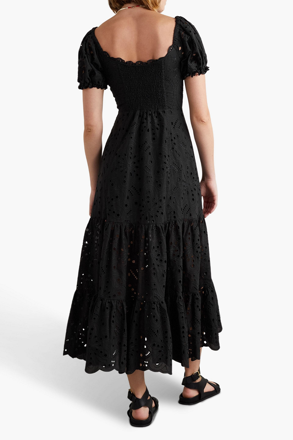 Shop Charo Ruiz Lana Tiered Broderie Anglaise Cotton-blend Midi Dress In Black