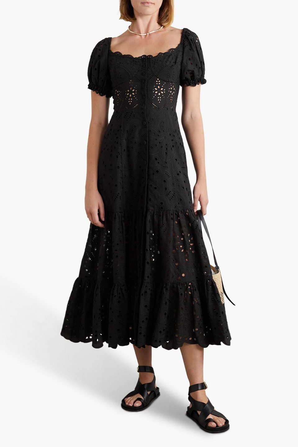 Shop Charo Ruiz Lana Tiered Broderie Anglaise Cotton-blend Midi Dress In Black